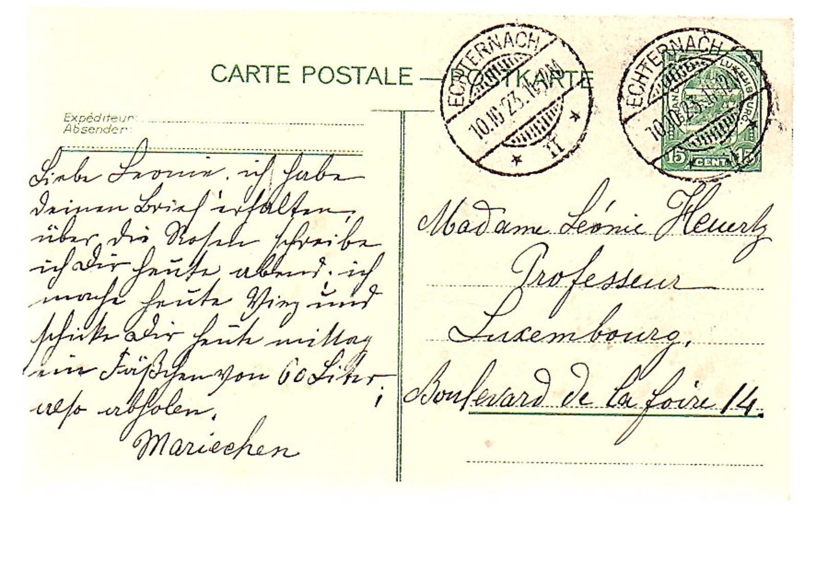 15 Cts 1923 ECHTERNACH > To Professeur Heurtz Boulevard De La Foire 14 (546) - Entiers Postaux