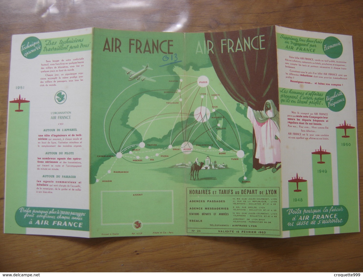 1952 Dépliant Horaires & Tarifs Time Table AIR FRANCE Depart Lyon Afrique Algerie Maroc Tunisie - Autres & Non Classés