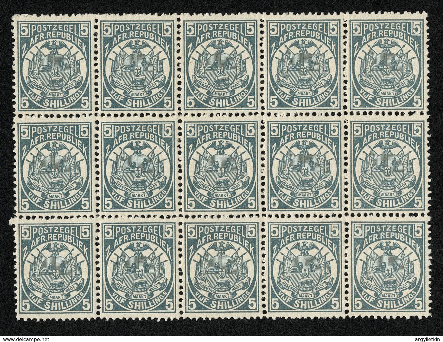 TRANSVAAL BLOCK OF 5 SHILLING STAMPS 1885 - Transvaal (1870-1909)