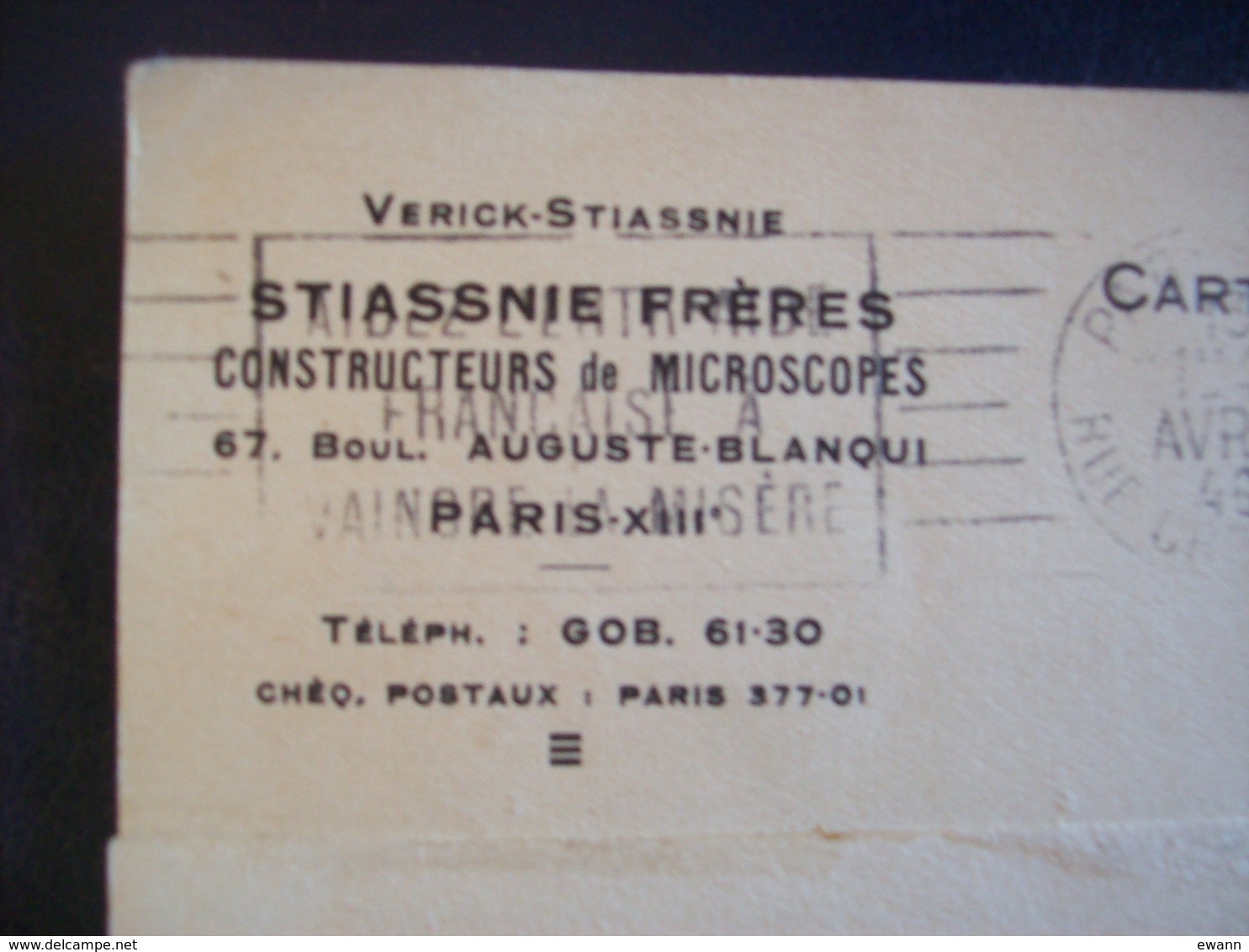 Carte Postale Verick-Stiassnie - Constructeurs De Microscopes, Boulevard Blanqui, Paris (1946) - Autres & Non Classés