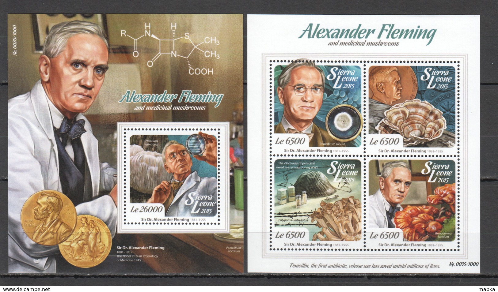 ST537 2015 SIERRA LEONE FAMOUS PEOPLE ALEXANDER FLEMING AND MEDICINAL MUSHROOMS 1KB+1BL MNH - Pilze