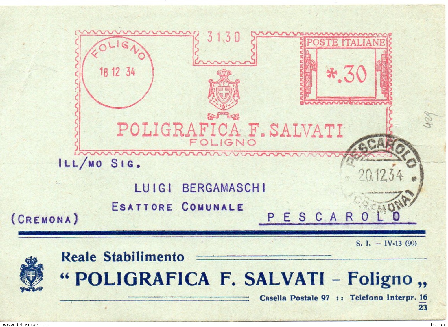 1934 Affrancatura Meccanica EMA Poligrafica F.SALVATI Foligno - Frankeermachines (EMA)