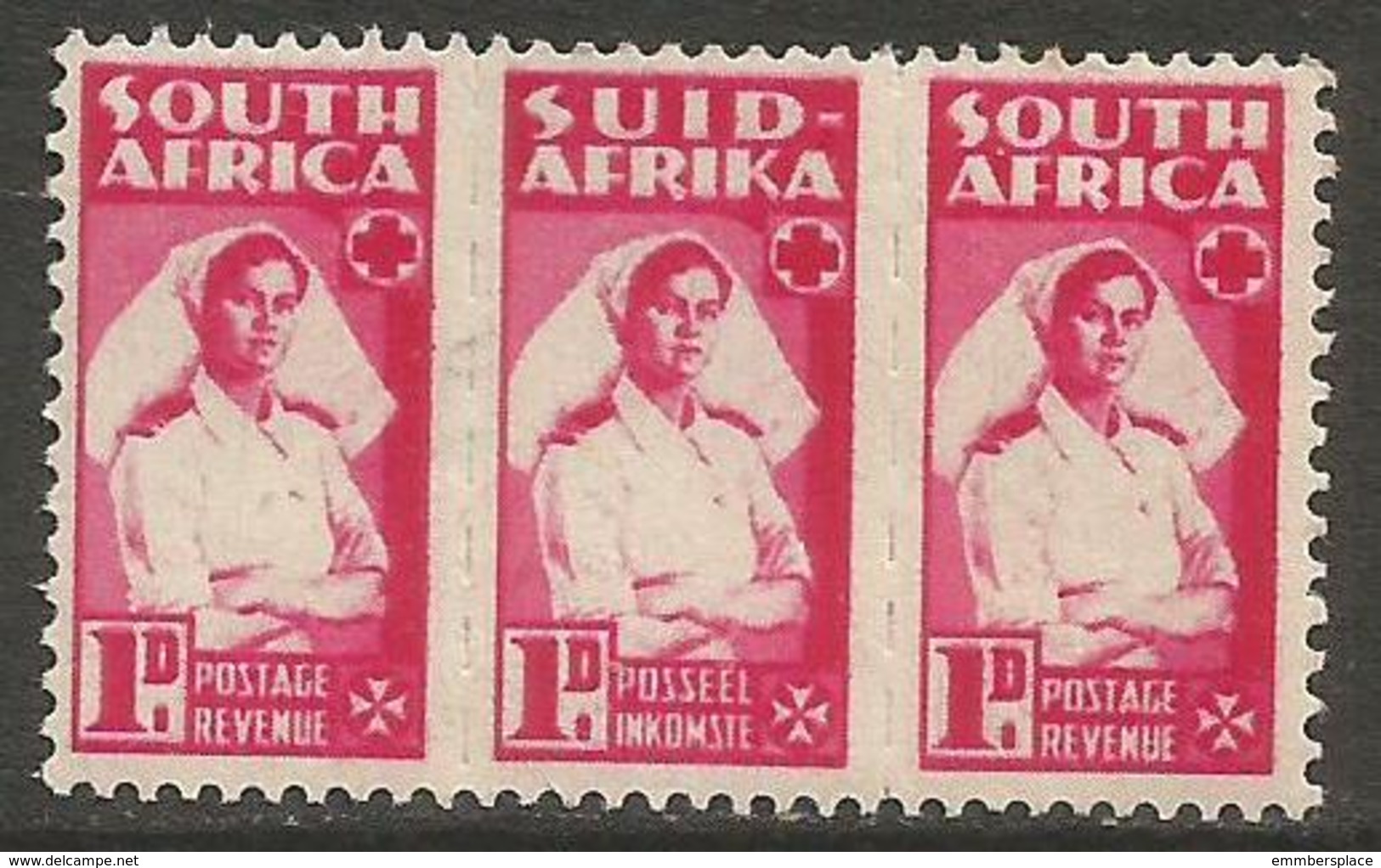 South Africa - 1943 Nurse 1d Bilingual Strip MH *   SG 98  Sc 91 - Unused Stamps