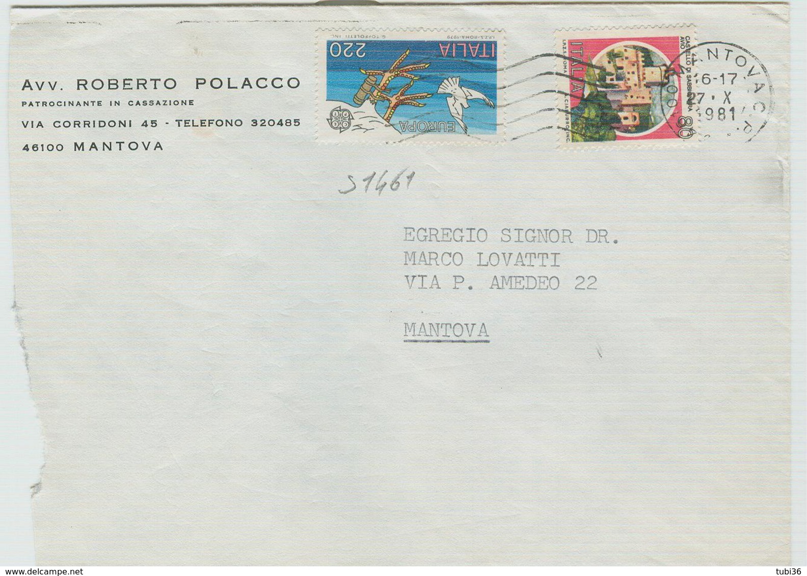 EUROPA CEPT 79 (s1461) £.220+80 CASTELLI,TARIFFA LETTERA,1981, TIMBRO POSTE MANTOVA - 1971-80: Storia Postale