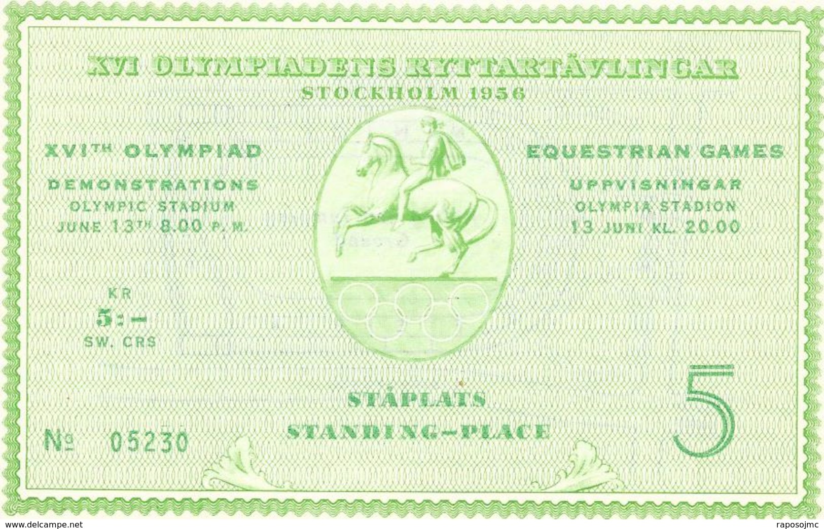 Ticket-entrada Olympic,  Stockholm 1956, Equestrain Games ( Perfect ). - Otros & Sin Clasificación