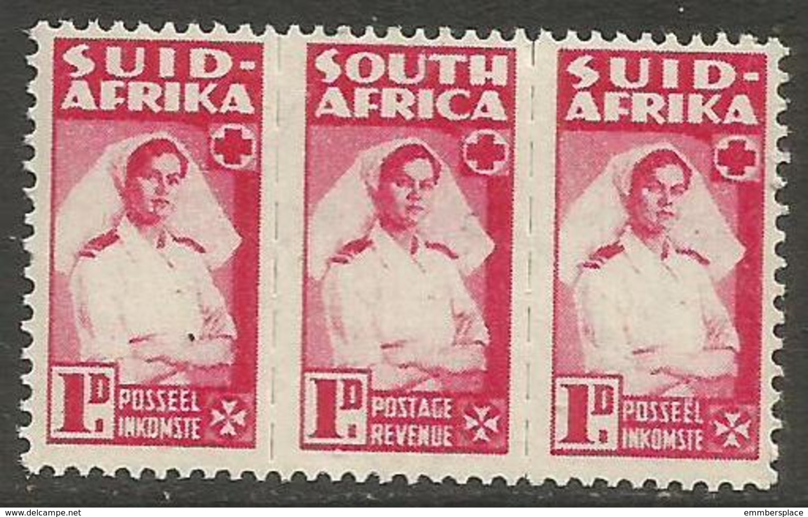 South Africa - 1944 Nurse 1d Bilingual Strip MH *   SG 98a (Af-En-Af) - Unused Stamps