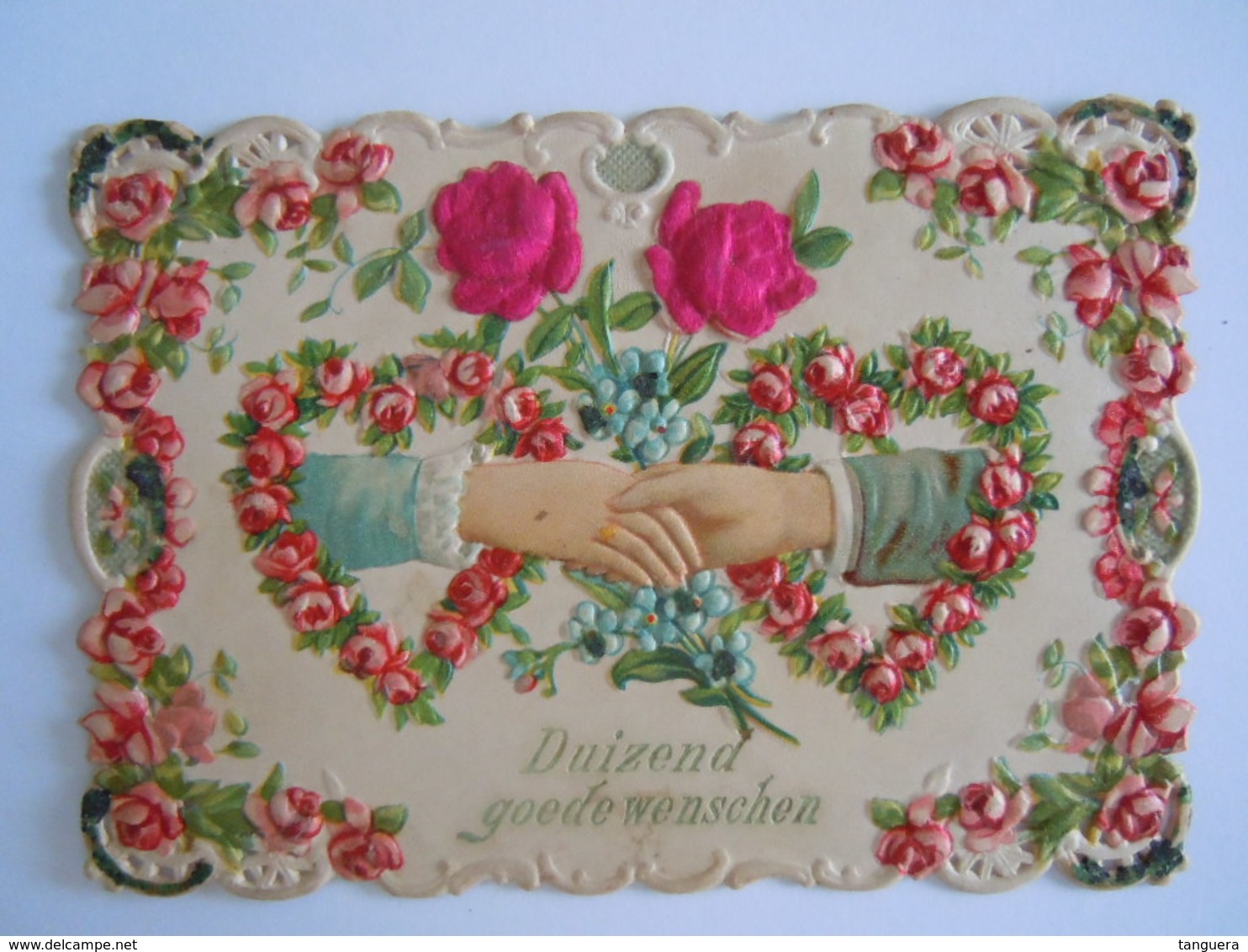 Mignonnette Ajourée Voeux Mains  Fleurs Roses En Tissu Relief Mignonette 11 X 7,5 Cm - Other & Unclassified