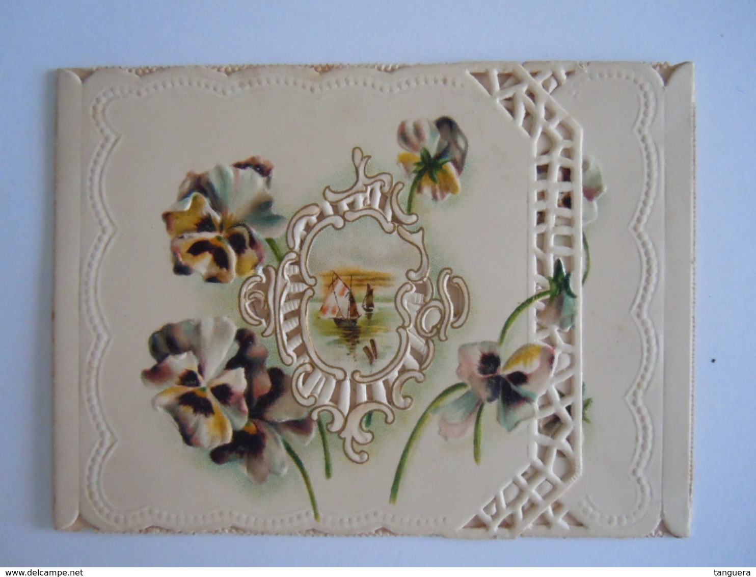 Mignonnette Ajourée Voeux Pensée Fleurs Bateau Relief Mignonette 10,3 X 7,5 Cm - Autres & Non Classés