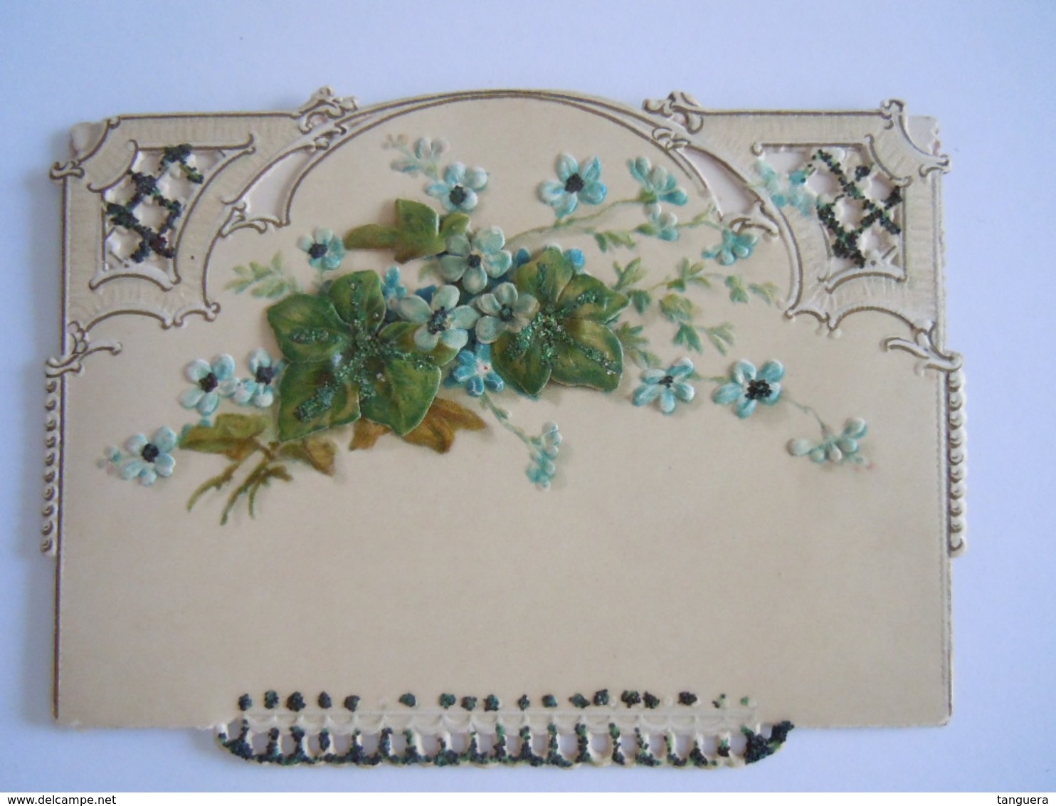 Mignonnette Ajourée Découpi Voeux Myosotis Fleurs Relief Paillettes Mignonette 11,3 X 8,2 Cm - Autres & Non Classés