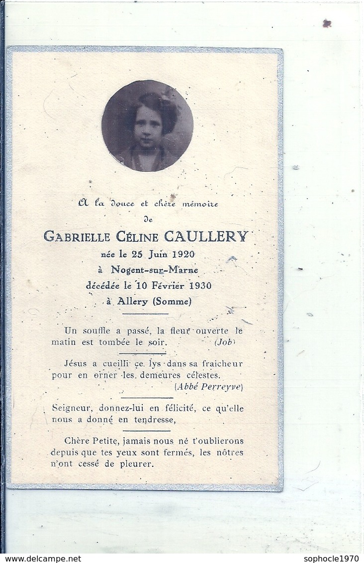 SOMME - 80 - ALLERY - NOGENT SUR MARNE - Carte Mortuaire - Gabrielle Caullery 1930 - Véritable Photo - Autres & Non Classés