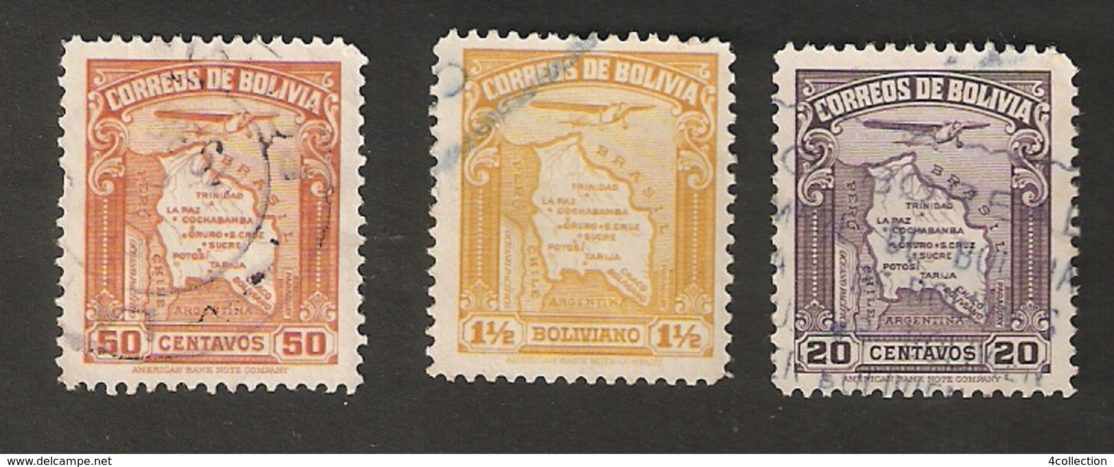 Bo4-9-2. America Correos De BOLIVIA 20 50 Centavos 1 1/2 Boliviano 1930 1935 Airmail Map Of Bolivia With Airplane - Bolivia