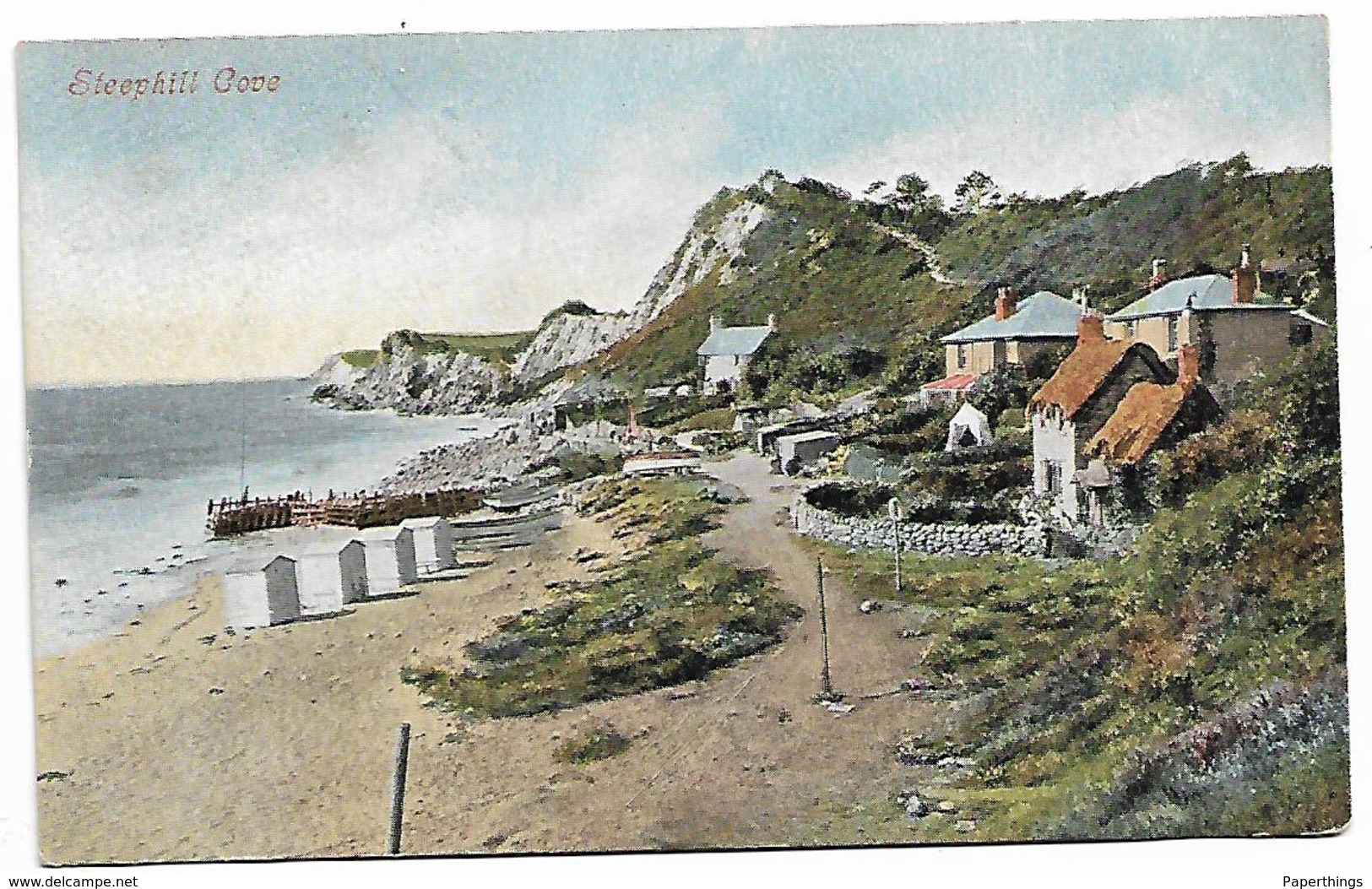Early Colour Postcard, Steephill Cove, Coastal Seaside Scene, Beach Huts, Houses. 1905. - Ventnor