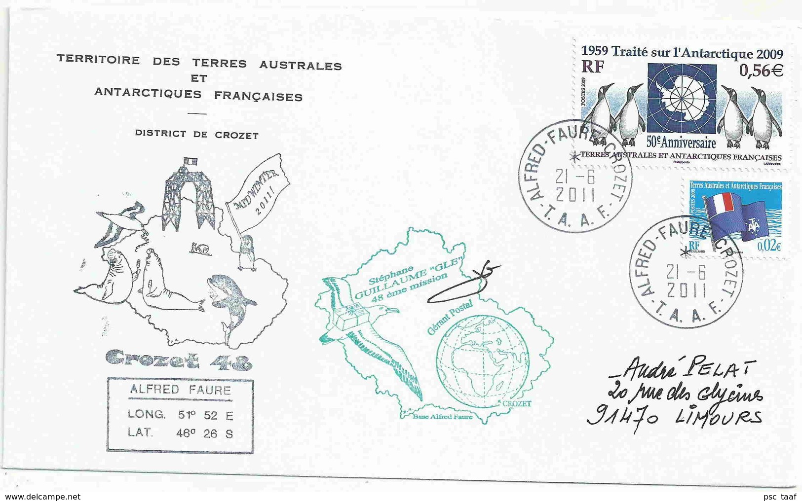 YT 551 - Traité Sur L'Antarctique - Manchots - Alfred Faure - Crozet - 21/06/2011 - Gérant Postal - Lettres & Documents