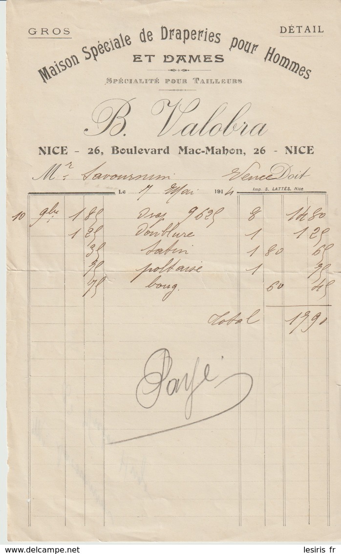 1914 - B. VALOBRA - NICE - 26 Bd MAC MAHON - FACTURE - MAISON SPÉCIALE DE DRAPERIES POUR HOMME ET DAMES - GROS - DÉTAIL - Otros & Sin Clasificación