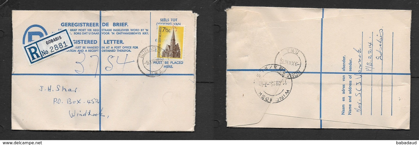 South West Africa, 7 1/2c Registered Letter GOBABIS 9XII 65  > WINDHOEK GBA / RLS 11 XII 65 - África Del Sudoeste (1923-1990)