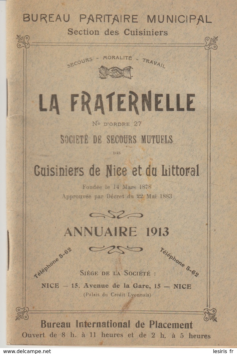 BUREAU PARITAIRE MUNICIPAL - SECTION DES CUISINIERS DE NICE ET DU LITTORAL - SOCIÉTÉ DE SECOURS MUTUELS - ANNUAIRE 1913 - Documents Historiques