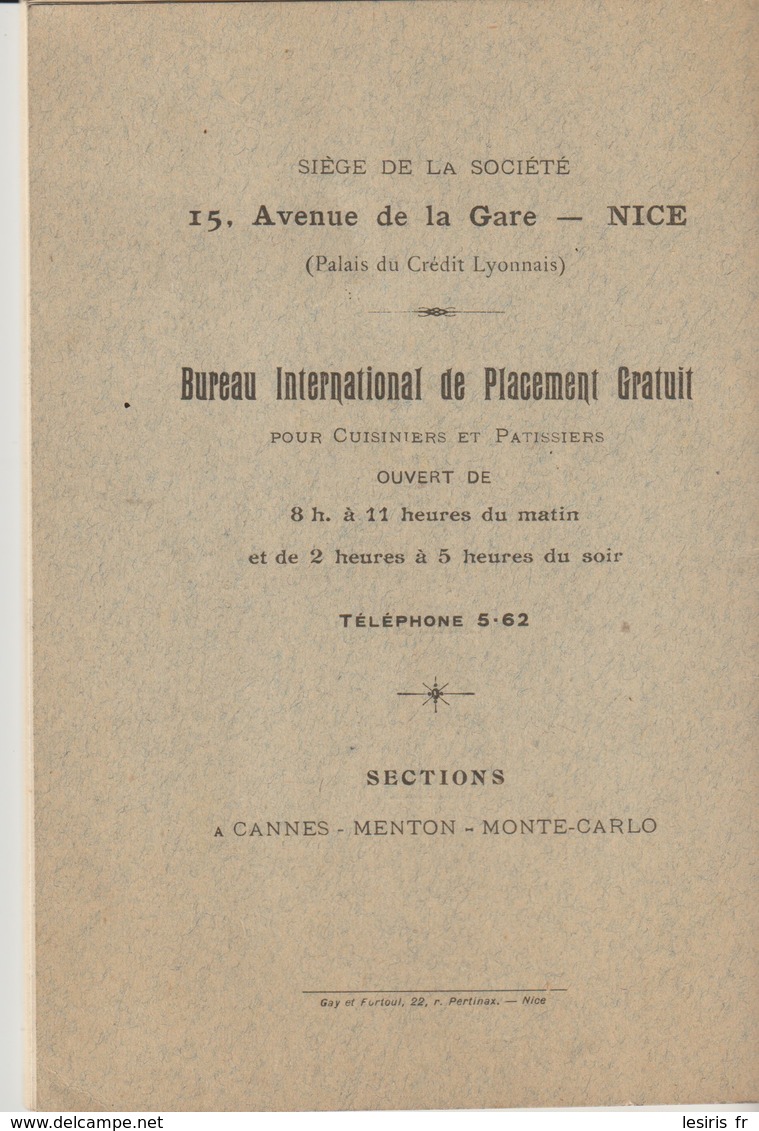 BUREAU PARITAIRE MUNICIPAL - SECTION DES CUISINIERS DE NICE ET DU LITTORAL - SOCIÉTÉ DE SECOURS MUTUELS - ANNUAIRE 1913 - Documentos Históricos
