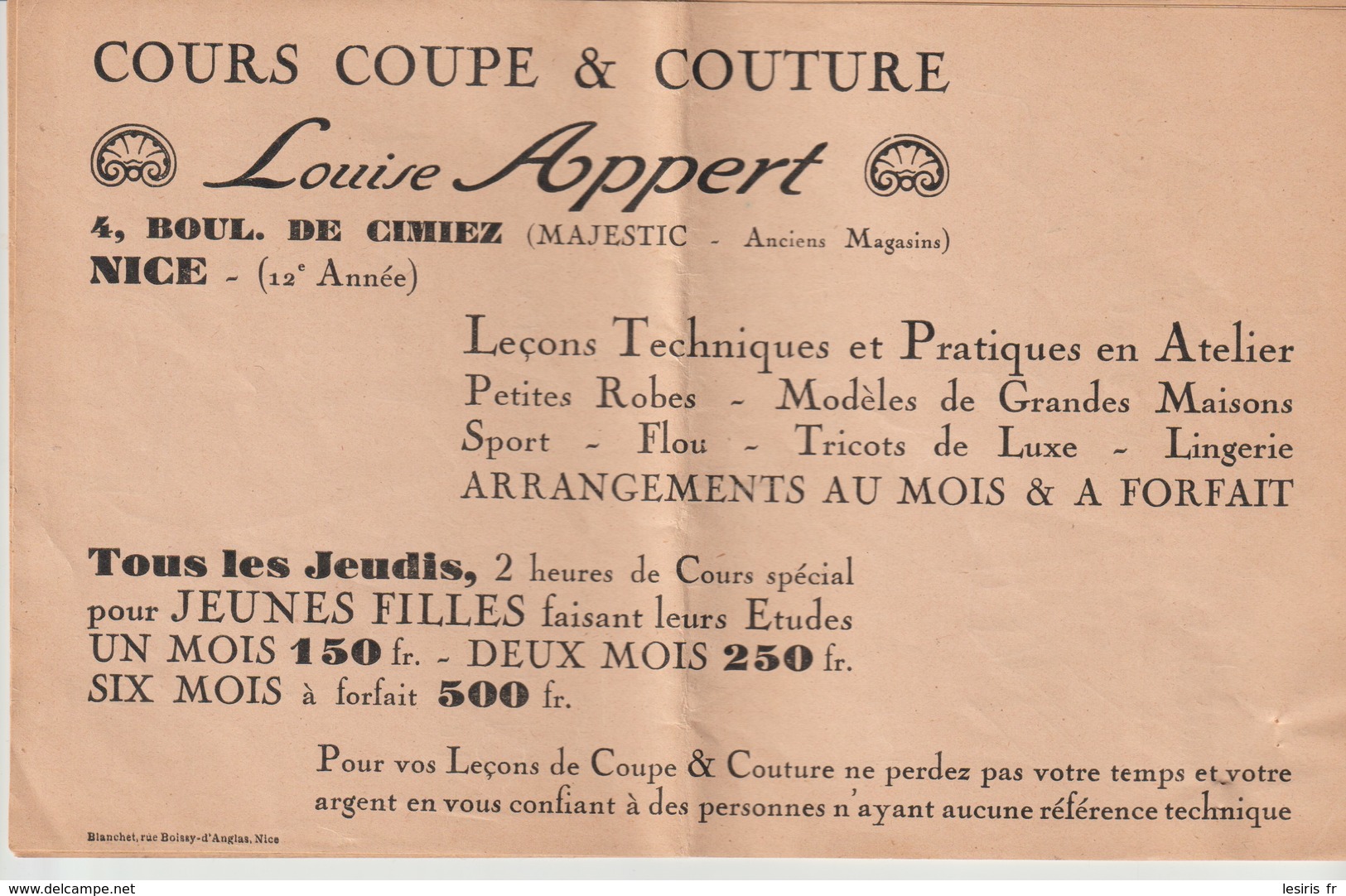 LOUISE APPERT - COURS COUPE & COUTURE - NICE - 4 Bd DE CIMIEZ - MAJESTIC - BLANCHET - 12° ANNEE - Reclame