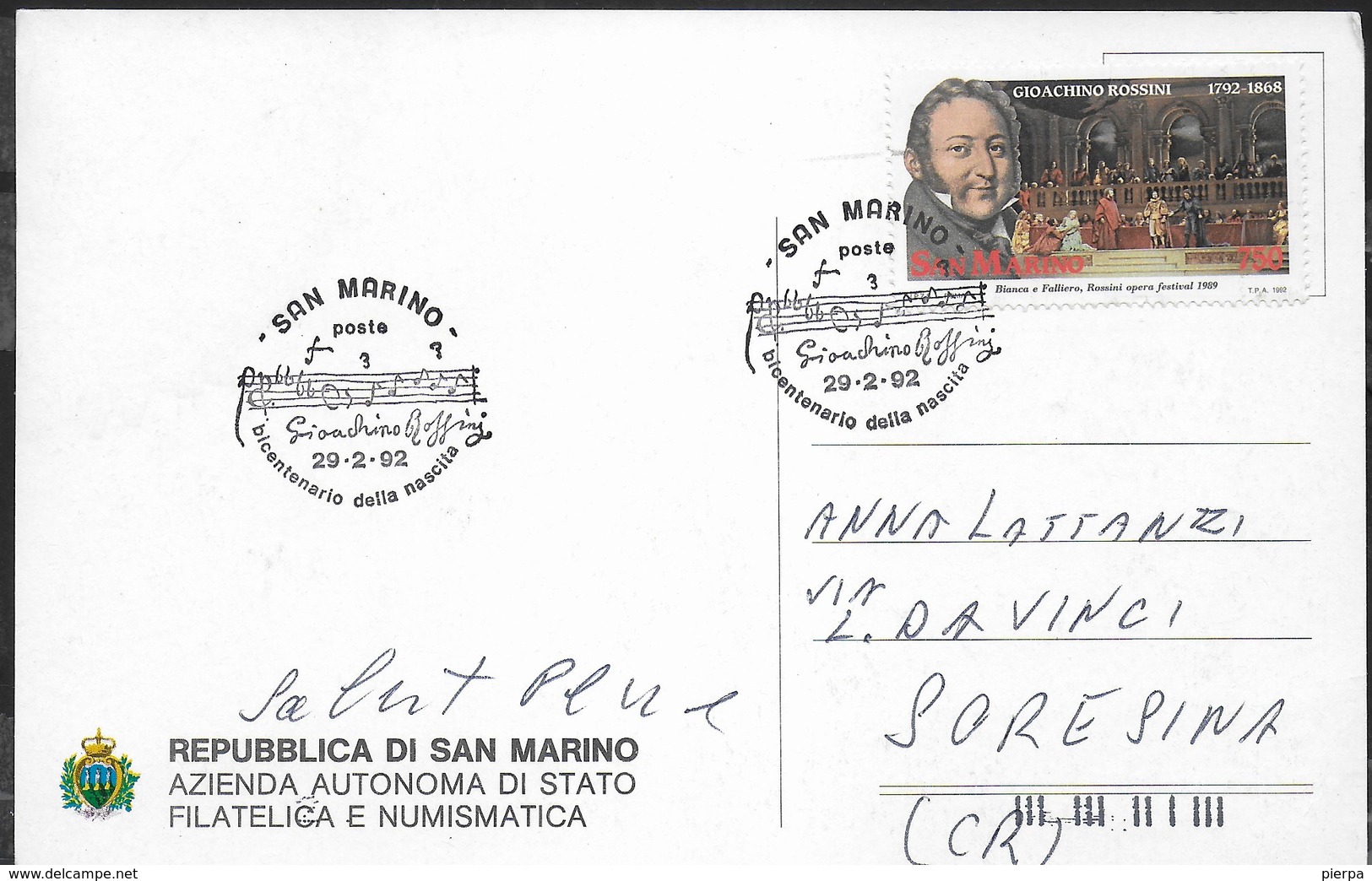 G. ROSSINI - BICENTENARIO NASCITA - ANNULLO SPECIALE SAN MARINO 29.02.1992 SU CARTOLINA - FRANCOBOLLO ROSSINI - Musica