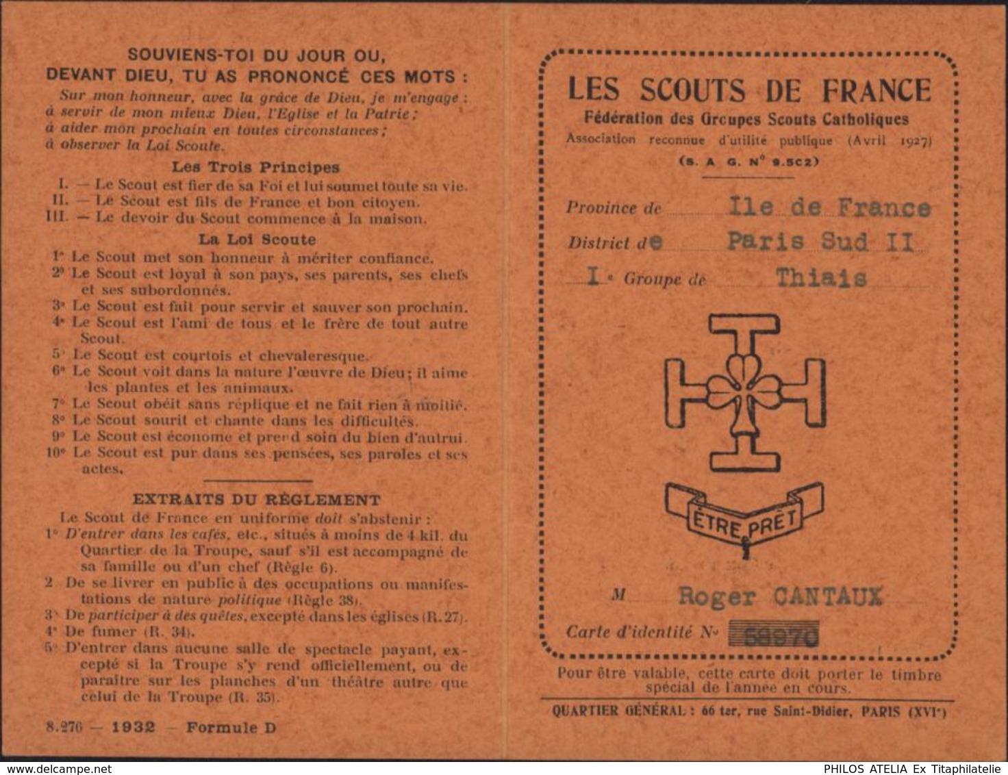 Carte D'identité Scout De France Vignette 1933 Et Règlement Formule D 1932 Ile De France Paris Groupe Thiais Scoutisme - Sonstige & Ohne Zuordnung