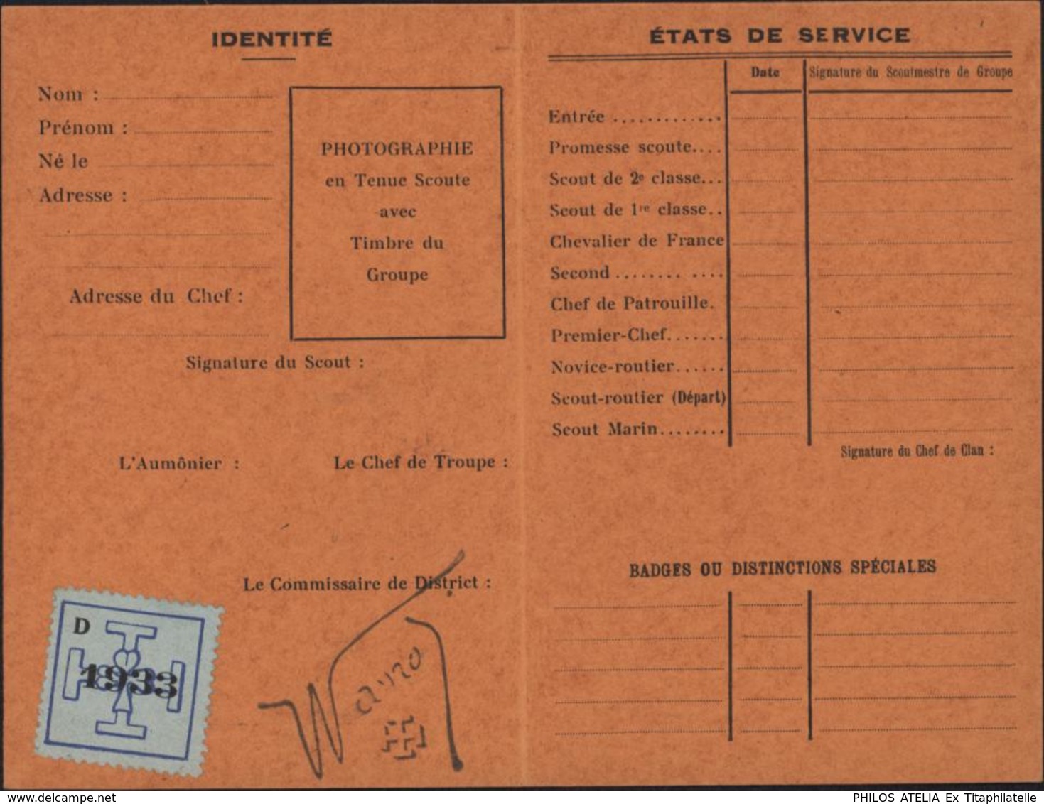 Carte D'identité Scout De France Vignette 1933 Et Règlement Formule D 1932 Ile De France Paris Groupe Thiais Scoutisme - Sonstige & Ohne Zuordnung