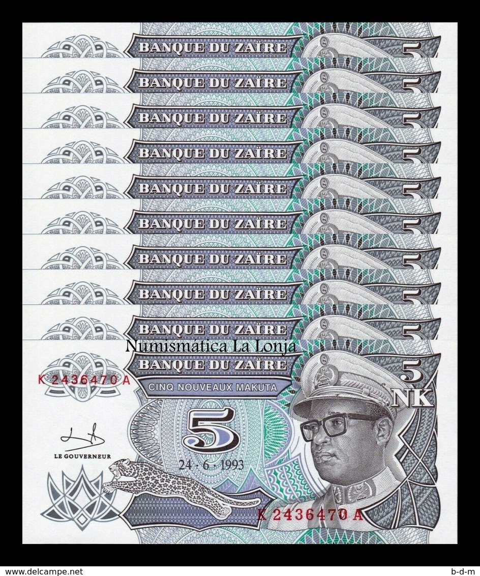 Zaire Lot Bundle 10 Banknotes 5 Makuta 1993 Pick 48 SC UNC - Zaire