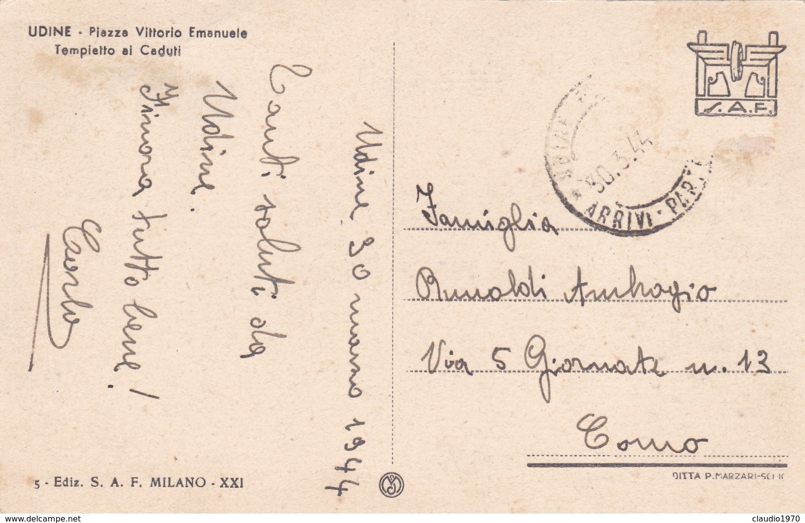 CARTOLINA - POSTCARD - UDINE - PIAZZA VITTORIO EMANUELE - TEMPIETTO AI CADUTI - VIAGGIATA PER COMO - Udine