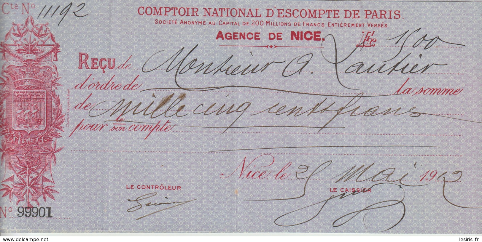 COMPTOIR NATIONAL D'ESCOMPTE DE PARIS - AGENCE DE NICE - REÇU LA SOMME DE MILLE CINQ CENTS FRANCS - 1912 - Chèques & Chèques De Voyage