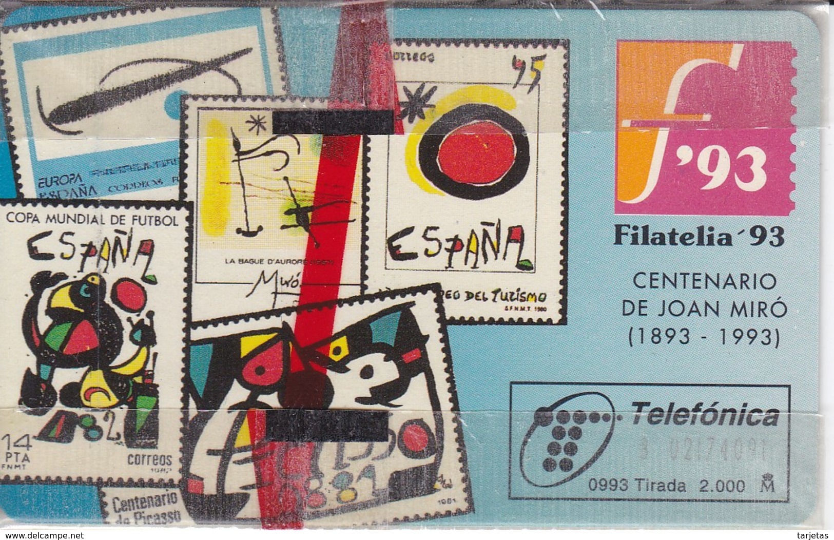 TARJETA FILATELIA'93 TIRADA 2000 NUEVA-MINT  (SELLO-STAMP) PINTURA JOAN MIRO-PICASSO - Timbres & Monnaies