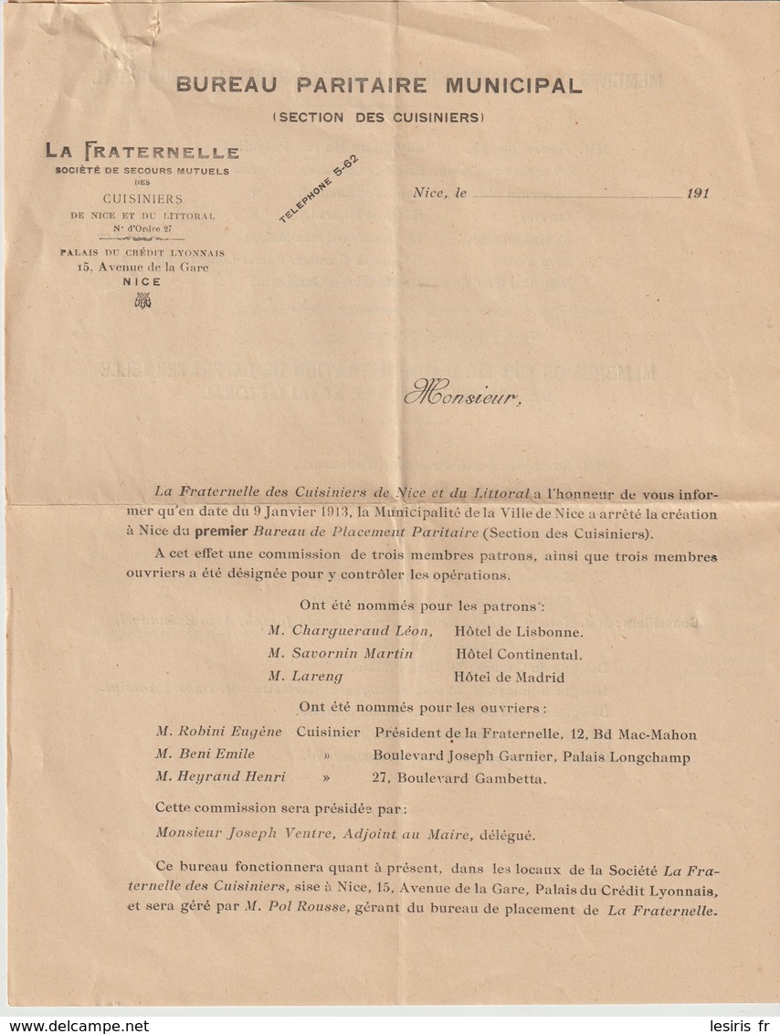BUREAU PARITAIRE MUNICIPAL - SECTION DES CUISINIERS - LA FRATERNELLE - NICE - 1913 -SOCIÉTÉ DE SECOURS MUTUELS - LETTRE - Documents Historiques
