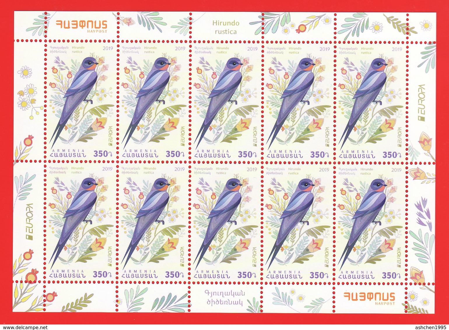 Armenien / Arménie / Armenia 2019, EUROPA Europe CEPT, National Birds, Fauna Swallow, MS - MNH - 2019