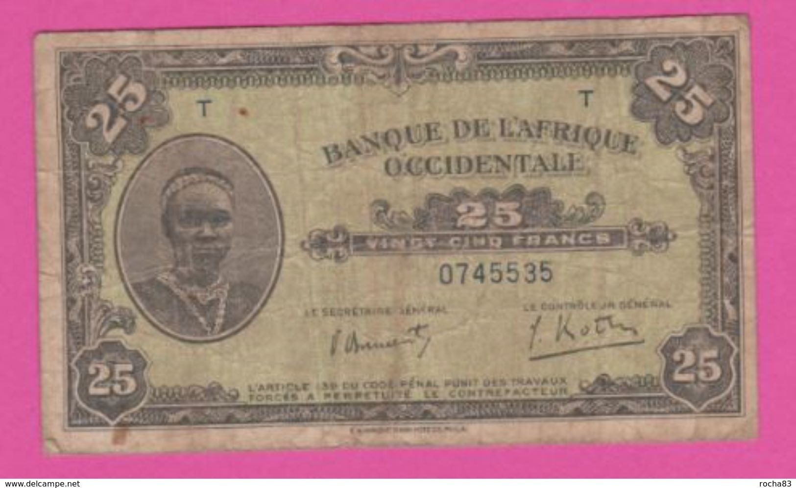 FRENCH WEST AFRICA - AOF Billet 25 F.- Pick 30a - VG - West African States