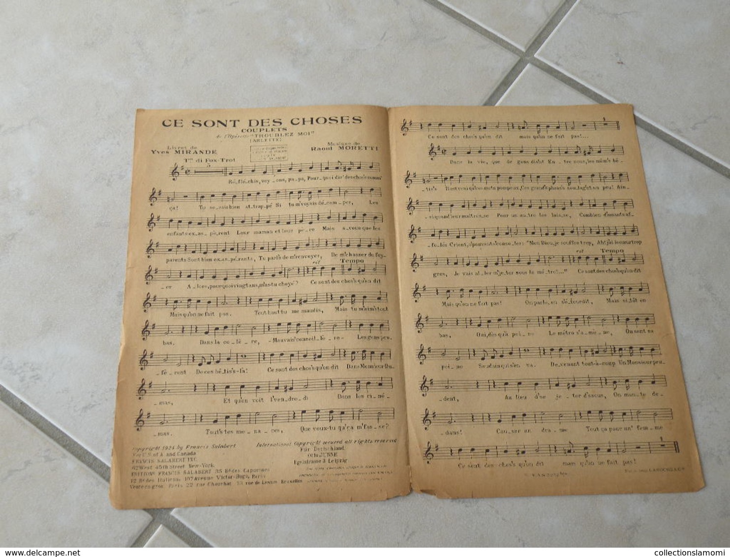 Ce Sont Des Choses ( Opérette Toublez Moi) -(Paroles Y. Mirande)-(Musique R. Moretti) Partition 1924 - Compositori Di Commedie Musicali