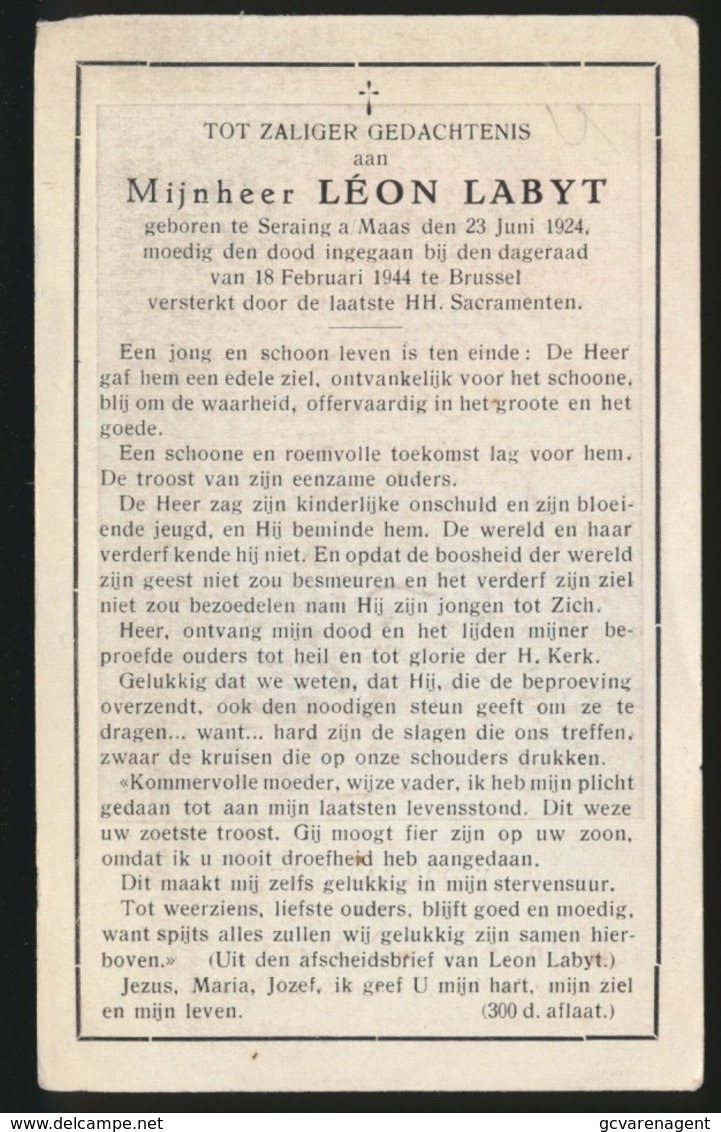 LEON LABYT  GEFUSILLEERD SPIONAGE - SERAING 1924 MOEDIG DE DOOD INGEGAAN 18 FEB 1944 BRUSSEL  2 SCANS - Décès