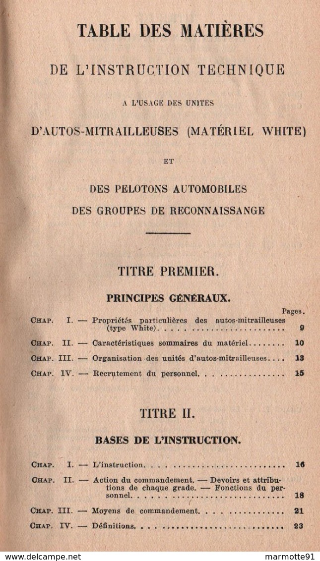 INSTRUCTION TECHNIQUE AUTOS-MITRAILLEUSES MATERIEL WHITE PELOTON AUTOMOBILE GROUPE RECONNAISSANCE 1934 - Véhicules