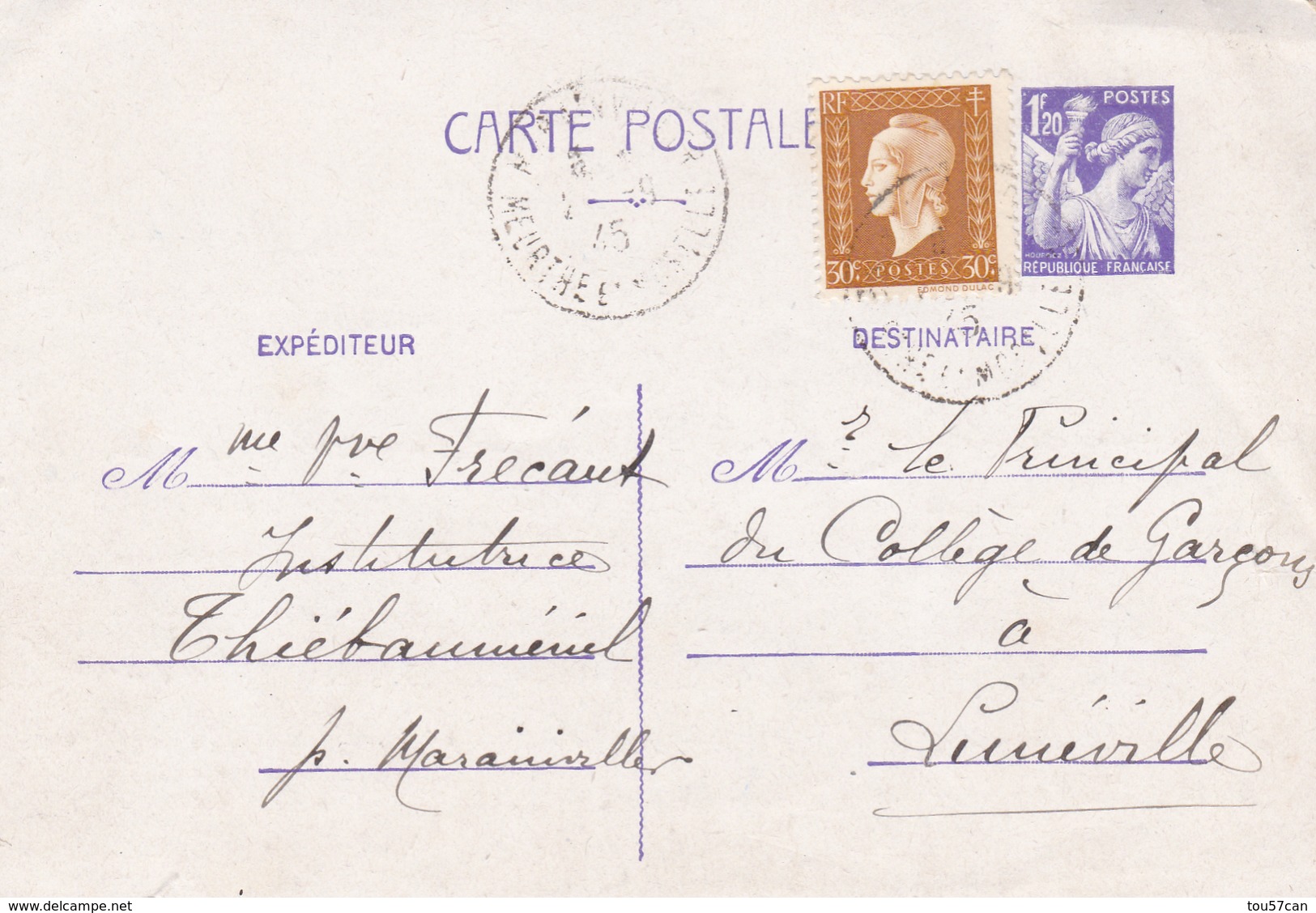 THIEBAUMENIL - MEURTHE & MOSELLE - (54) - ENTIER POSTAL + TIMBRE 1945. - Cartoline Postali Ristampe (ante 1955)