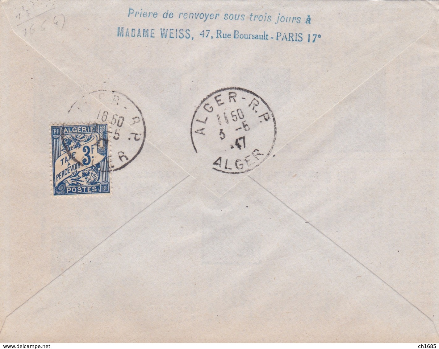 Griffe  " DE NUIT  " Sur Lettre De 1947 Avec Vignette AIR FRANCE  Et Taxe D'Algérie 3 F Bleu Au Verso - 1960-.... Lettres & Documents