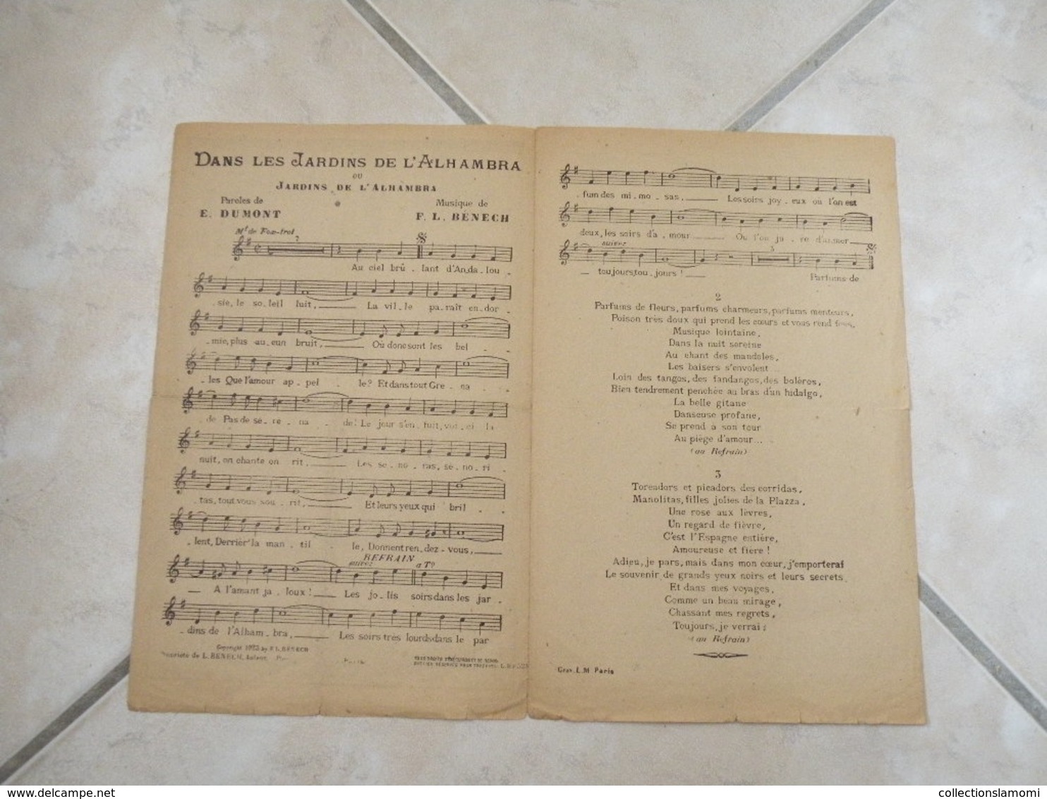 Dans Les Jardins De L'Alhambra-(Paroles E. Dumont)-(Musique F.L. Bénech) Partition 1923 - Chansonniers