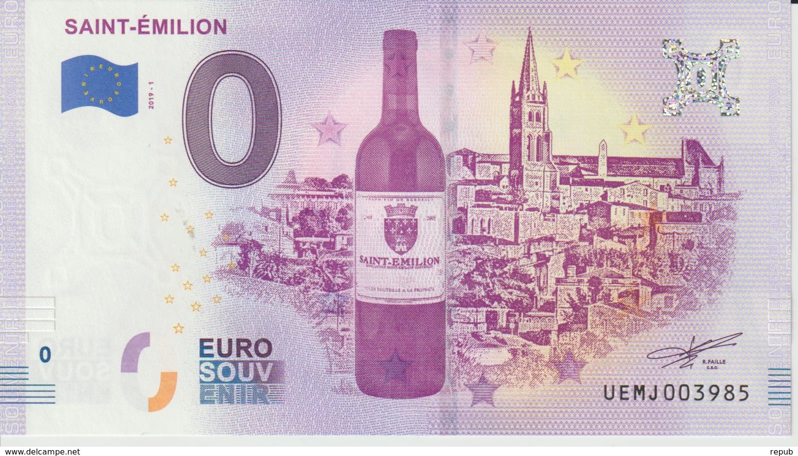 Billet Touristique 0 Euro Souvenir France 33 Saint Emilion 2019-1 N°UEMJ003985 - Essais Privés / Non-officiels