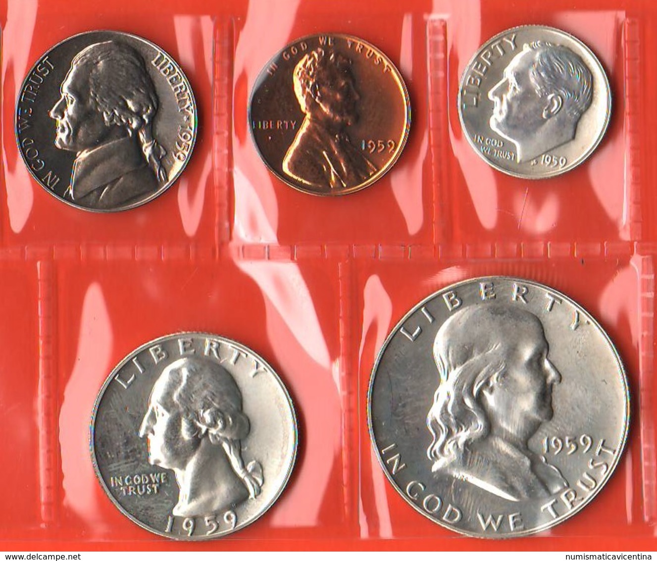 USA Set 1959 1 Cent + 5 Cents + 10 Cents  + Quarter + Half Dollar Franklin  United States Of America - Collections