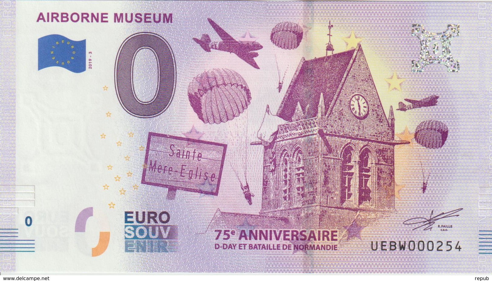 Billet Touristique 0 Euro Souvenir France 50 Airborne Museum - Sainte Mère Eglise 2019-3 N°UEBW000254 - Essais Privés / Non-officiels