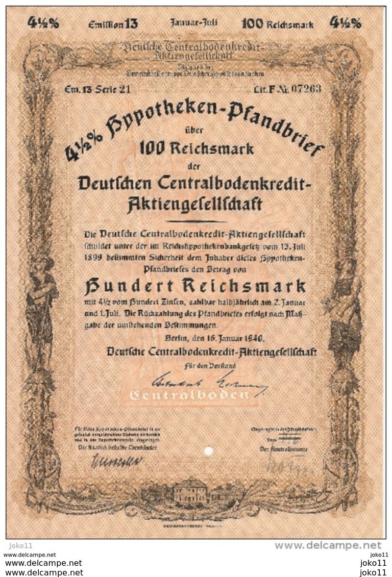 Hypotheken-Pfandbrief  100 Reichsmark - Em.13 , Serie 21 - Li.F Nr. 07263 - Bank & Versicherung