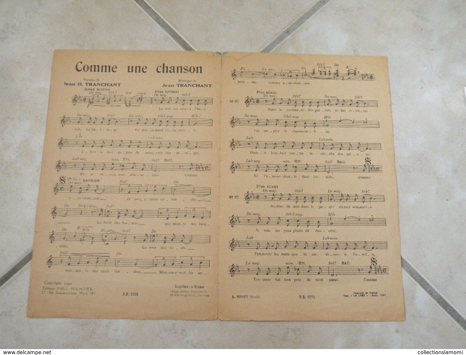 Comme Une Chanson -(Paroles J.H. Tranchant)-(Musique J. Tranchant) Partition 1949 - Chansonniers