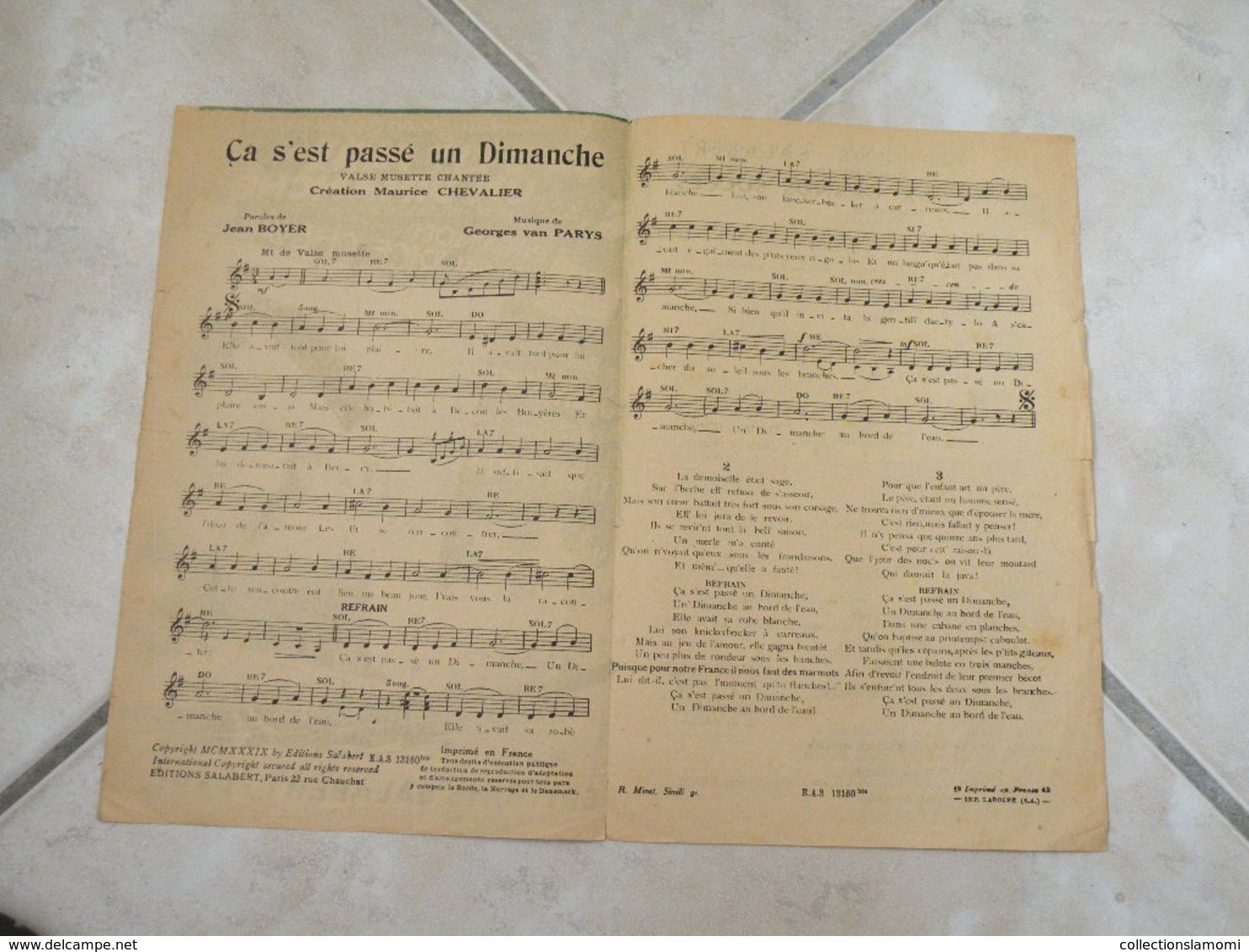Ça S'est Passé Un Dimanche ( Maurice Chevalier)-(Paroles J.Boyer)-(Musique G. Van Parys) Partition 1939 - Chansonniers