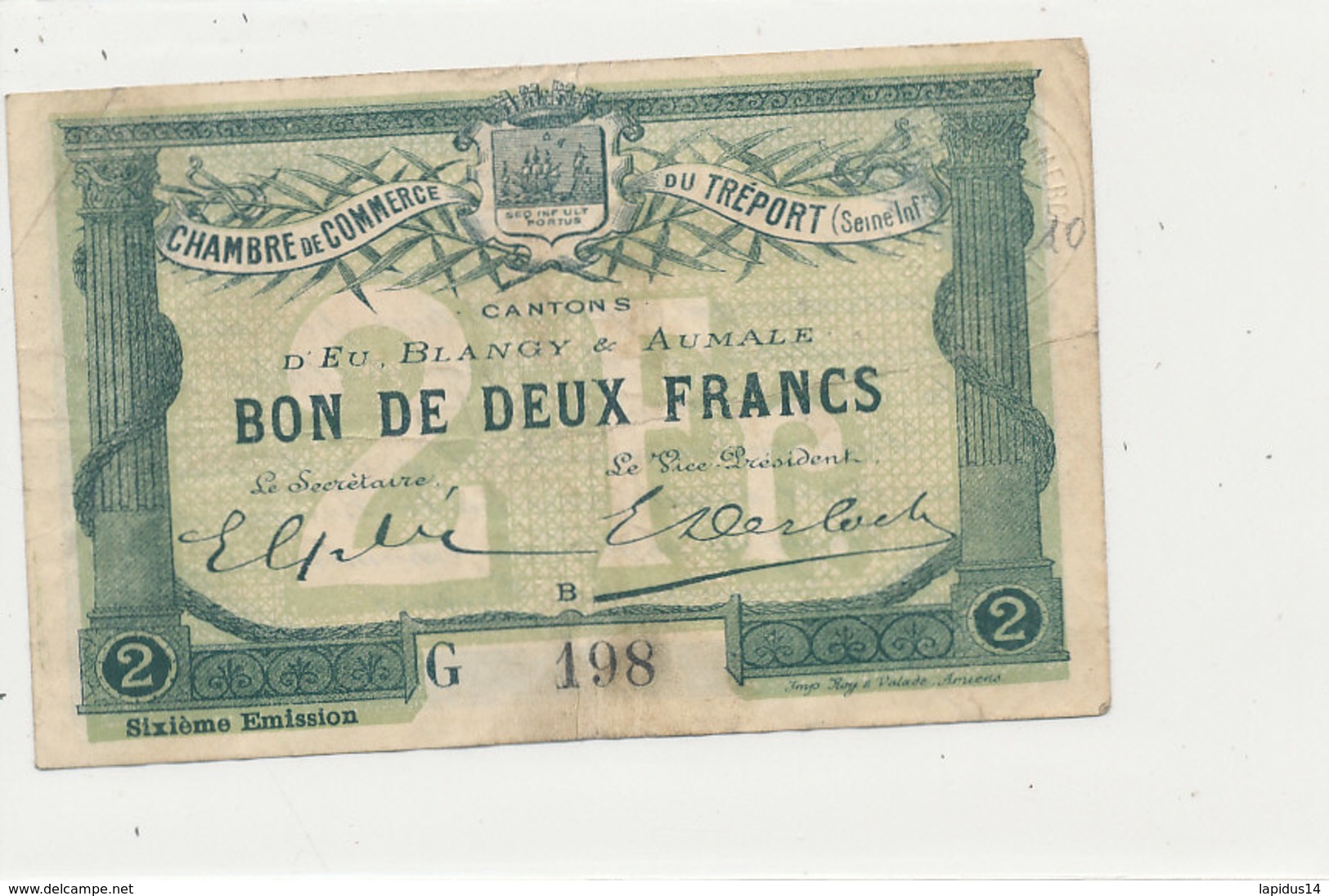 BILLET CHAMBRE DE COMMERCE DU TREPORT  BON DE DEUX FRANCS - Cámara De Comercio