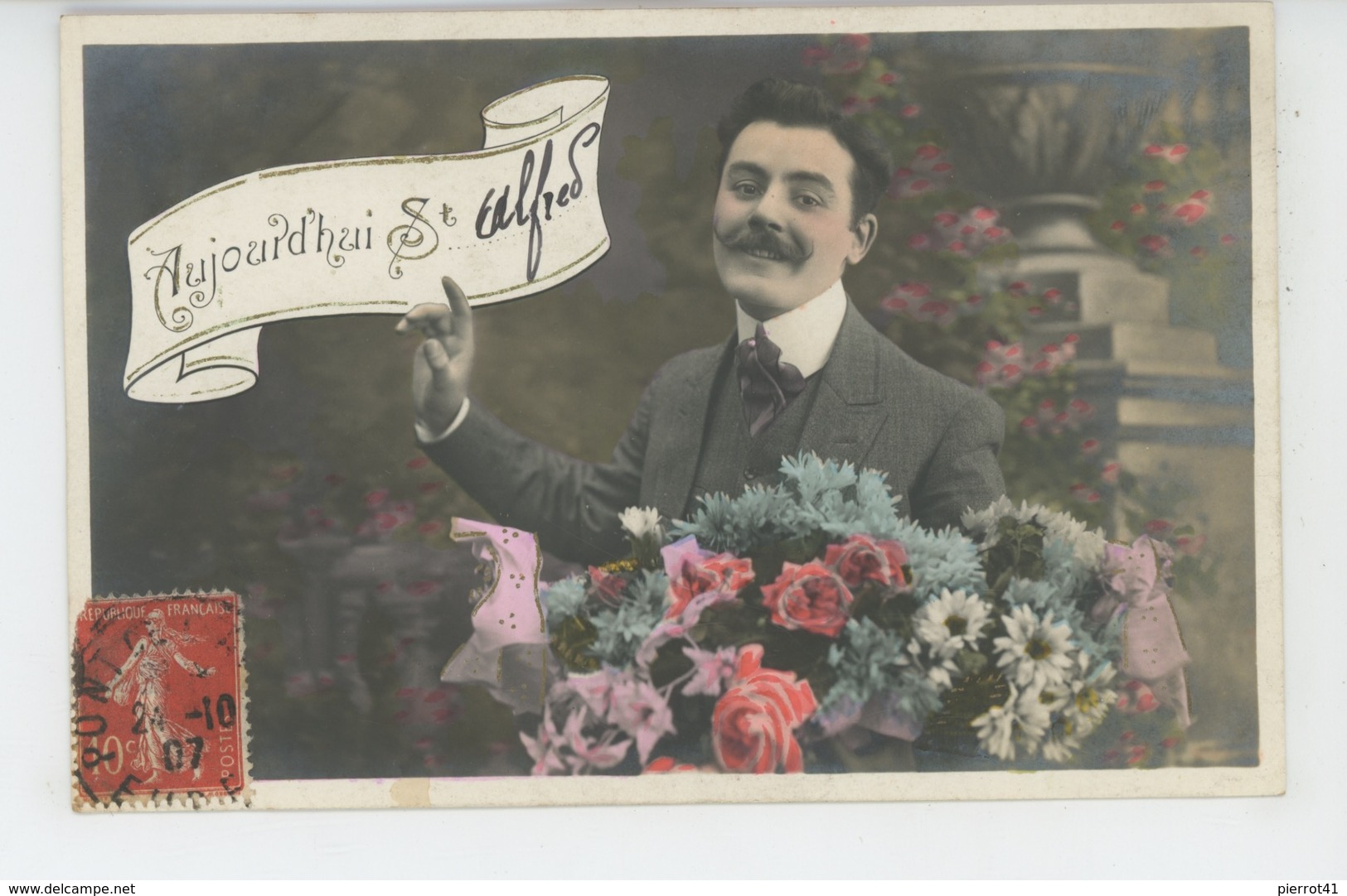 HOMMES - Jolie Carte Fantaisie Homme à Moustaches Et Fleurs "Aujourd'hui SAINT ALFRED " - Prénoms