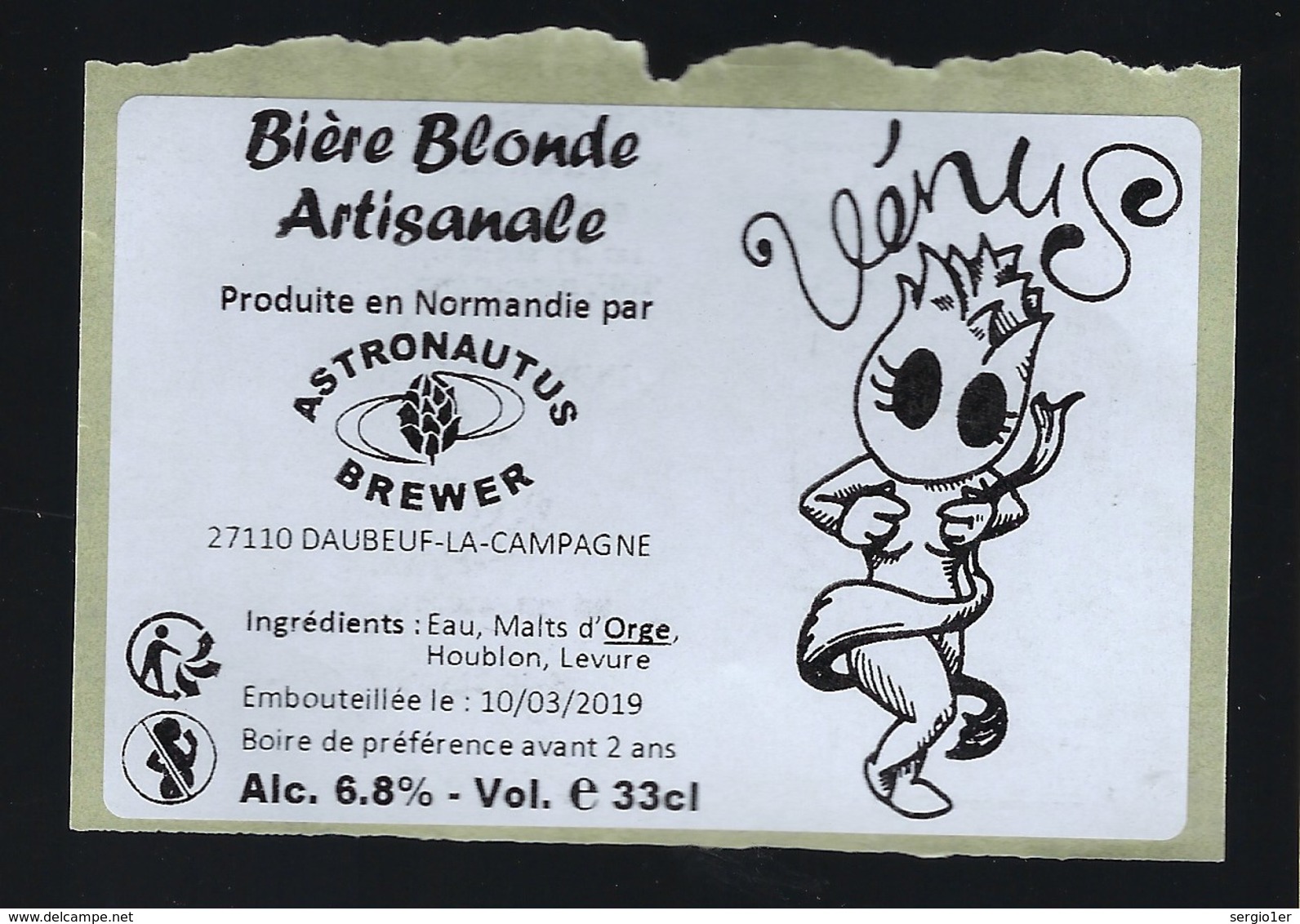 Etiquette Biere Blonde Artisanale Vénus   6,8% 33-cl   Brasserie Astronautus Berger  Daubeuf La Campagne 27 - Beer