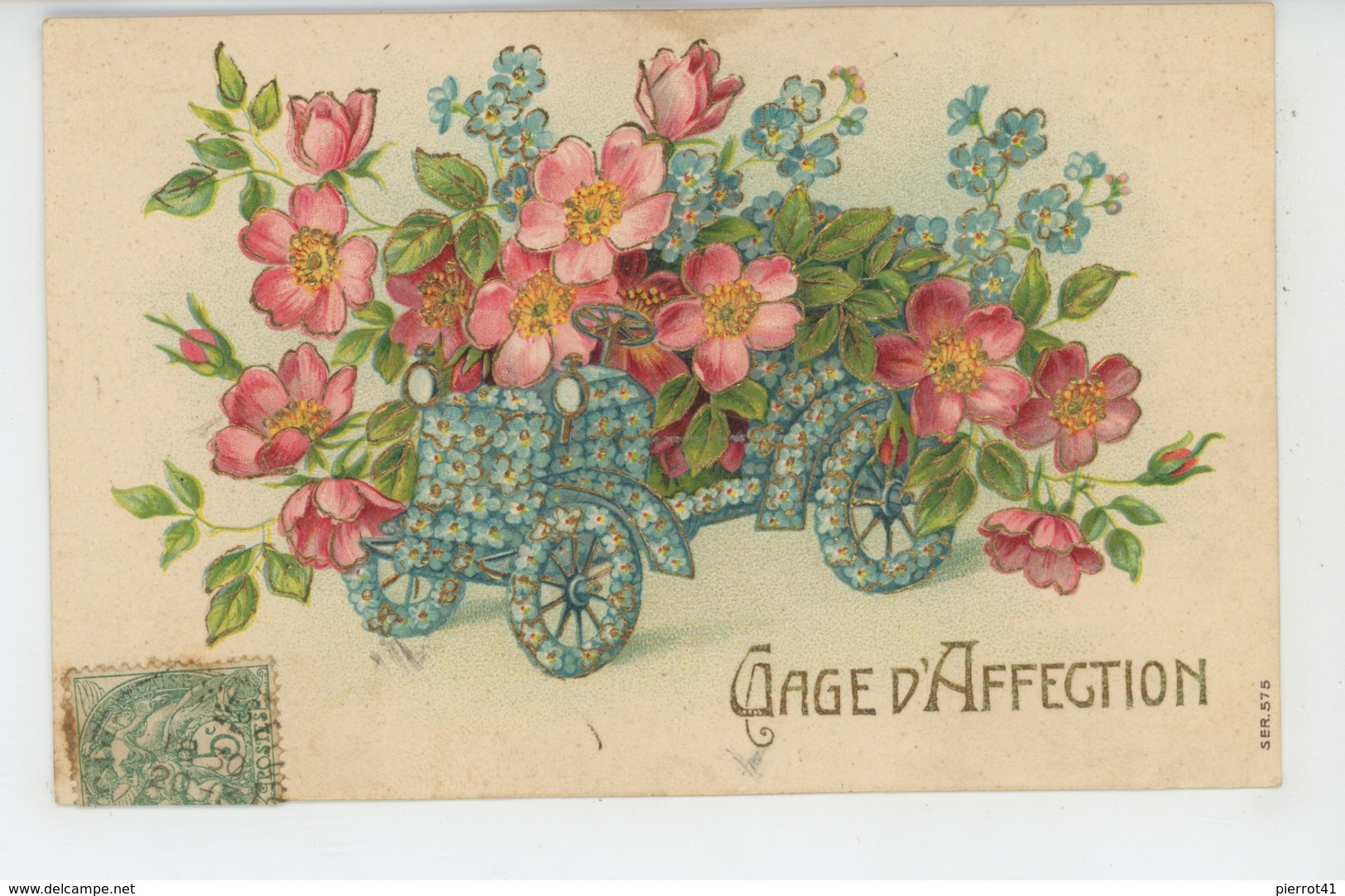 FLEURS - Jolie Carte Fantaisie Gaufrée Fleurs Roses Dans Automobile Myosotis "Gage D'Affection " (embossed PC) - Flowers