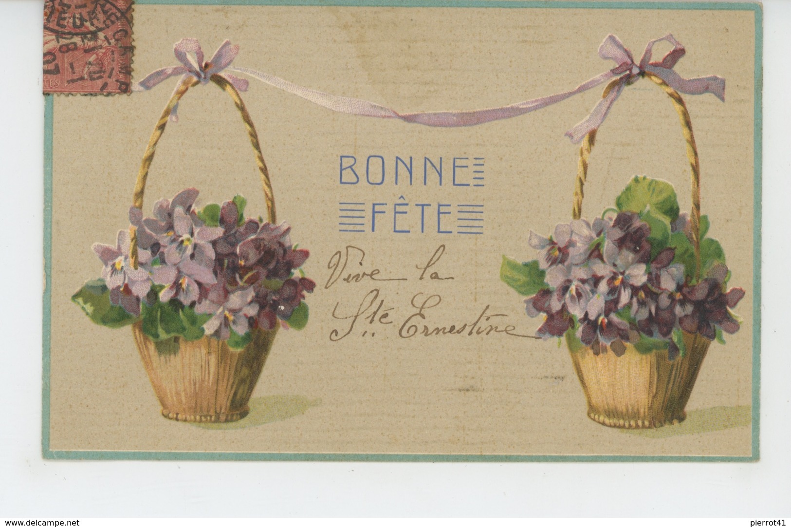 FLEURS - Jolie Carte Fantaisie Gaufrée Fleurs Violettes "Bonne Fête " Pour La Ste ERNESTINE (embossed PC) - Flowers