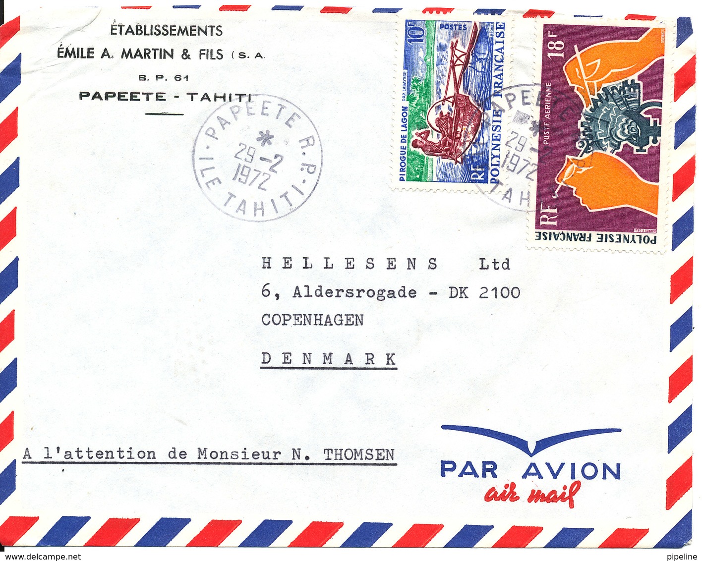 French Polynesia Air Mail Cover Sent To Denmark Papete 29-2-1972 - Covers & Documents